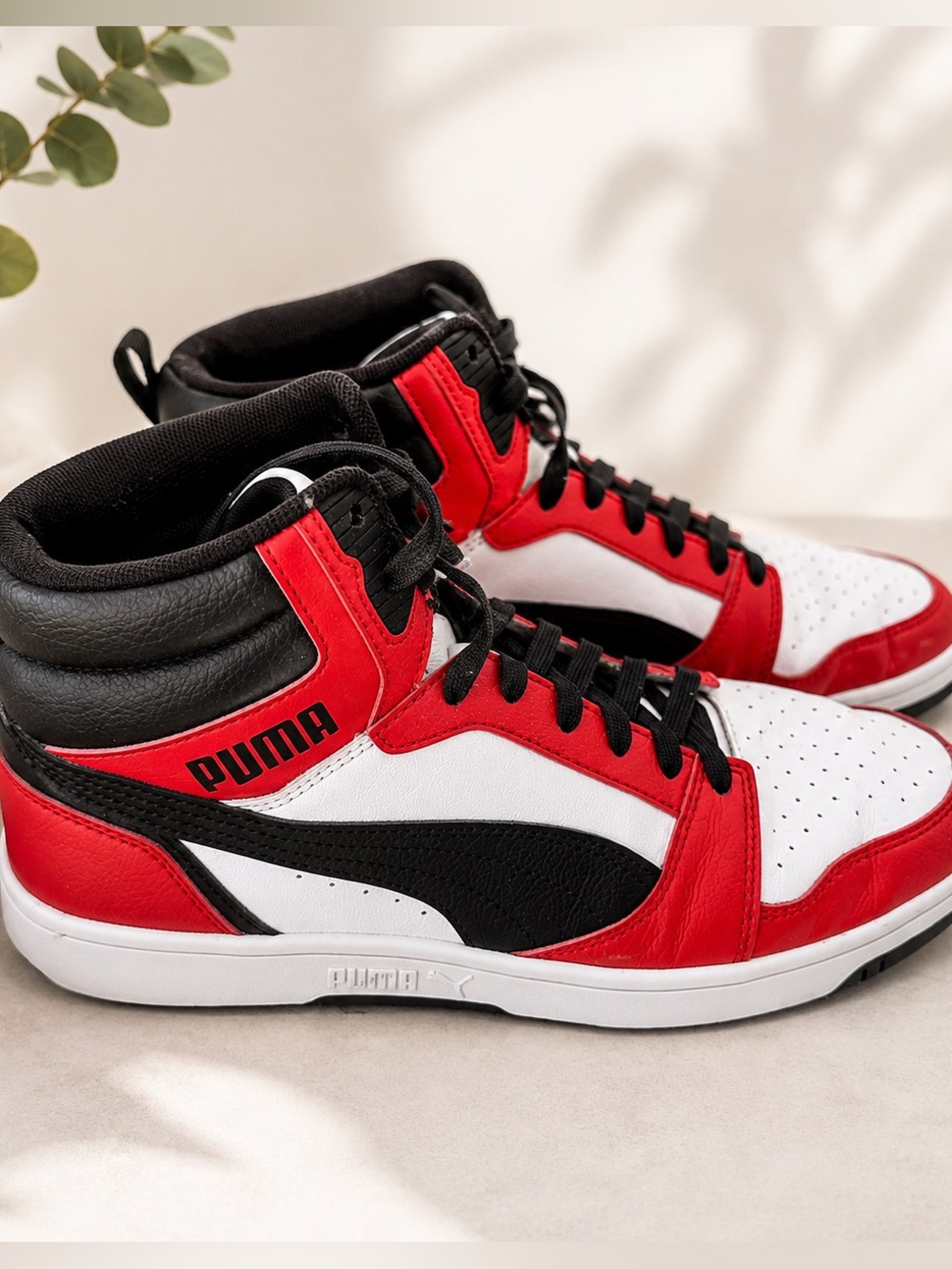 PUMA Men's Rebound Mid-Top Sneakers in White, Red & Black size 8
